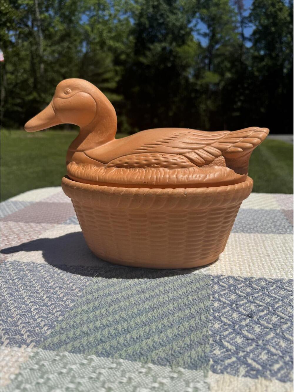Vintage Terracotta Duck on a Nest Basket Cottage Core Container